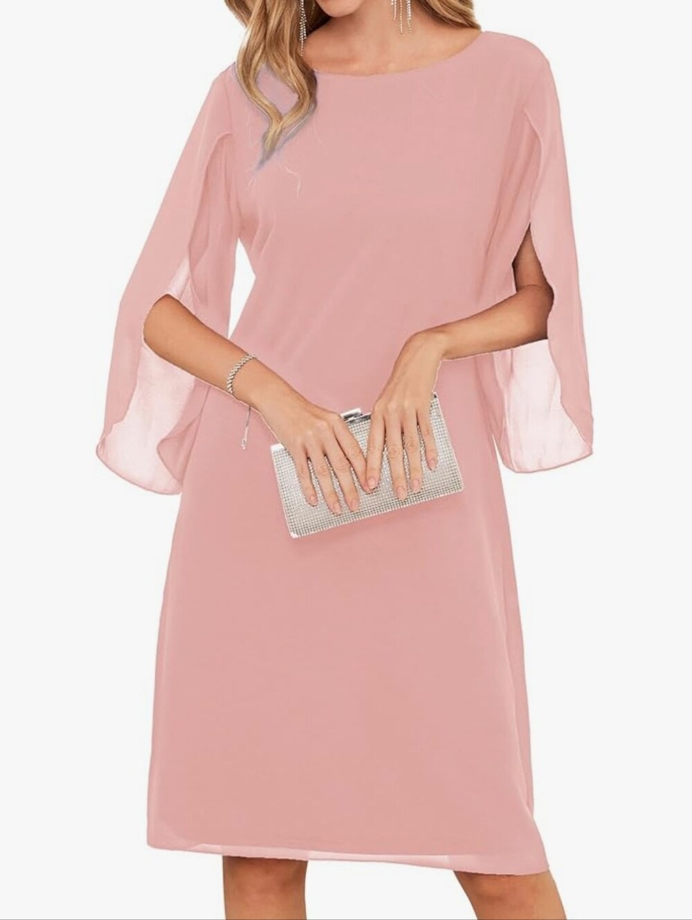 SALE Grace Karin Pink Chiffon Dress Split Sleeve Feminine Wedding Guest 8 NWT